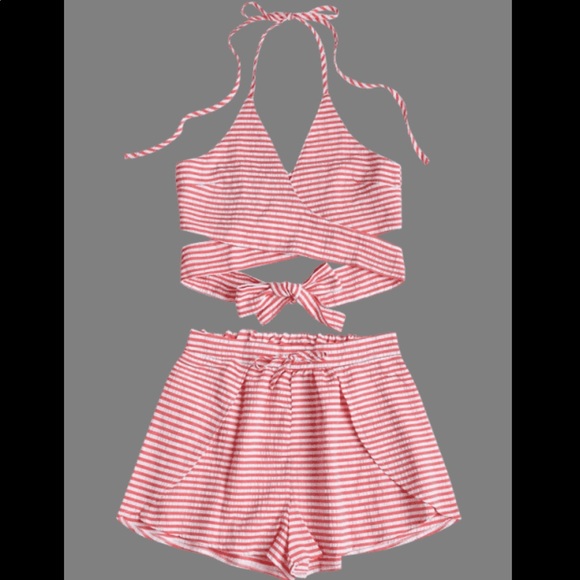 Seersucker Striped Wrap Top and Shorts Set - Picture 3 of 7